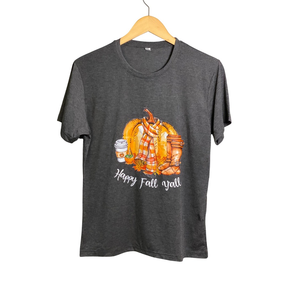 Happy Fall Y'all Pumpkin Graphic Women's Charcoal Gray Autumn Tee Size M New - Picture 2 of 6